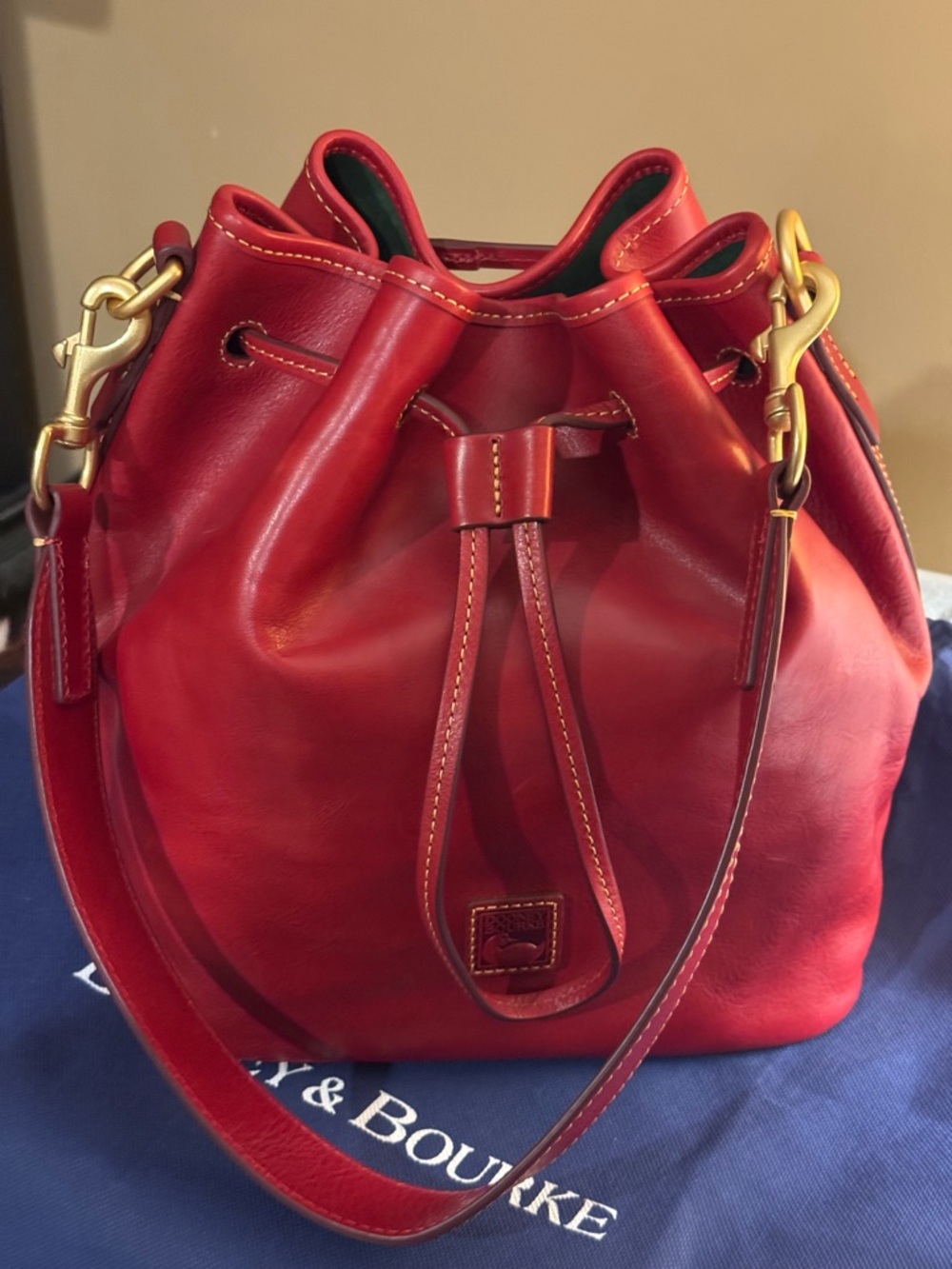 Dooney & Bourke Red Florentine Leather Drawstring Bucket Shoulder Bag NWT - Picture 2 of 14